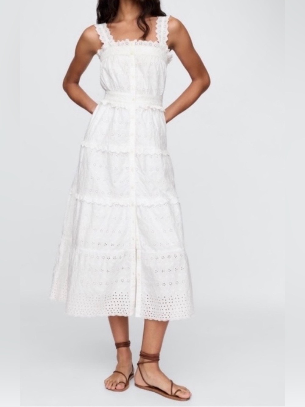 White Eyelet Tiered Maxi Dress with Button Front